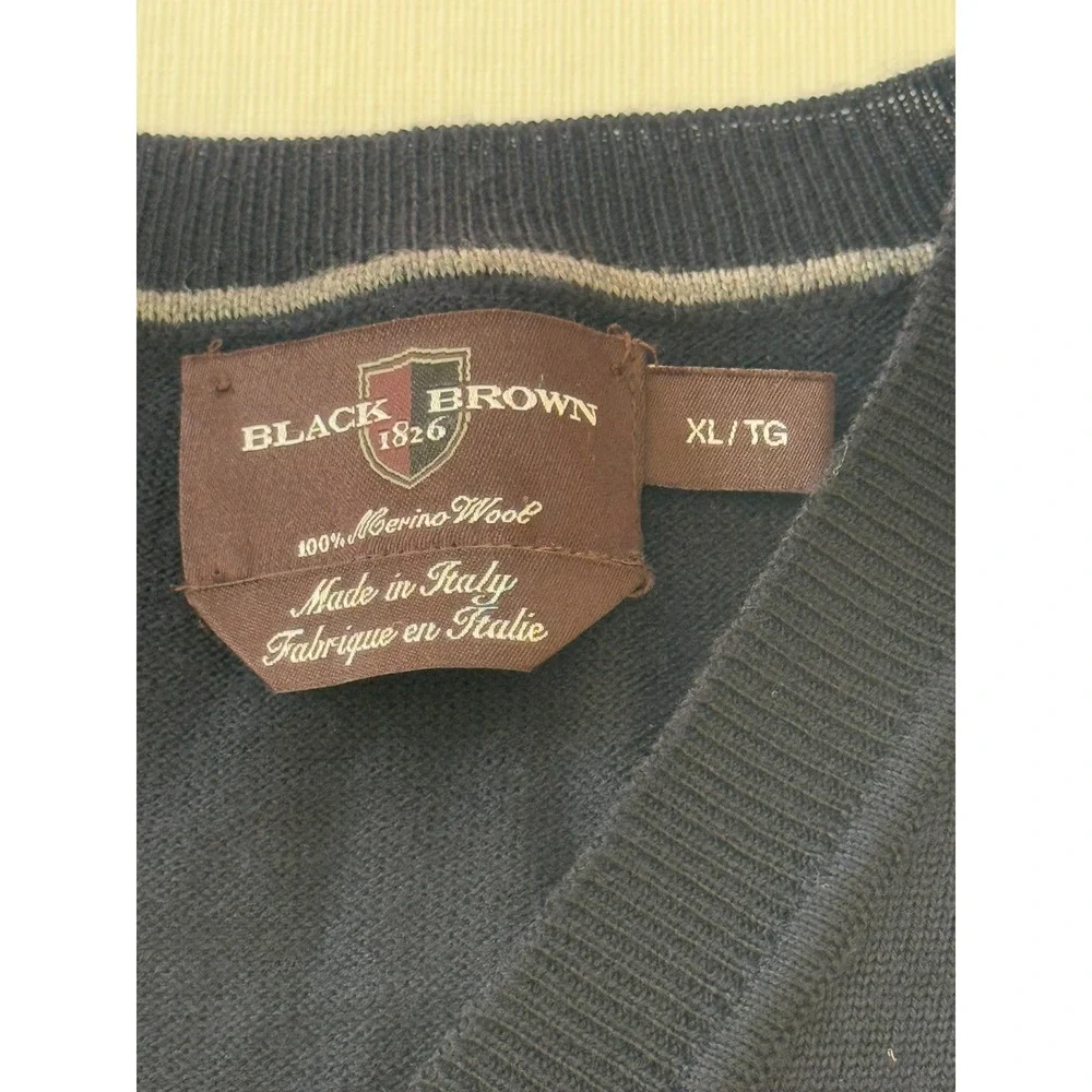Black Brown 1826 Mens XL Merino Wool V-Neck Sweater Made in Italy Long Sleeve‎